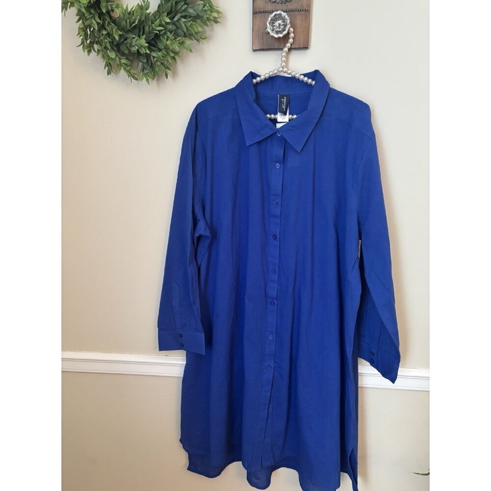 NWT Swimsuits For All Size 22/24 Blue Button Front Coverup Shirt Long Sleeve